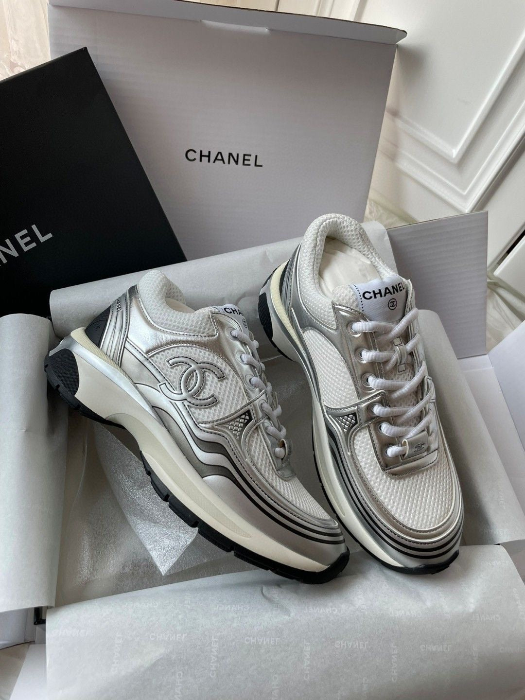 CHANEL SILVER CC SNEAKERS